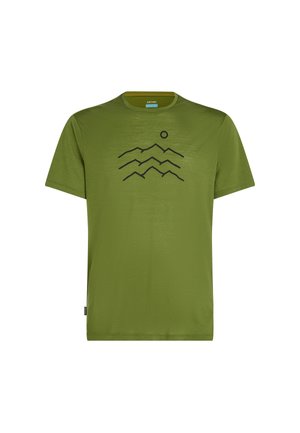 Olive green T-shirt made of smooth fabric featuring a black mountain and sun graphic on the front. Crew neck, short sleeves, casual design.