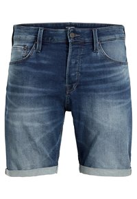 Džínové šortky v tmavě modré barvě, s vybledlým vzhledem, ohrnutými lemy, pěti kapsami a kovovými doplňky.