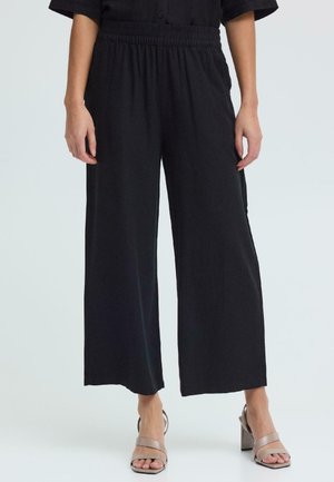 Kobieta w czarnych, szerokich spodniach o długości do połowy łydki z elastycznym pasem i beżowych sandałach na obcasie, stojąca na jasnym tle.