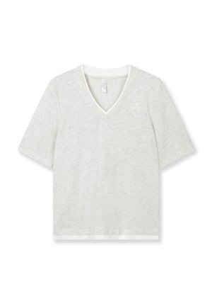 Hellgraues V-Ausschnitt-T-Shirt mit kurzen Ärmeln, aus weichem Stoff, mit dezenter Textur und einem kleinen gestickten Detail auf der Brust.