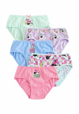 Viis värvikat tüdrukute aluspesu, millel on Minnie Mouse'i ja Daisy Ducki kujundused ning väiksed roosad lipsud vöökoha peal.