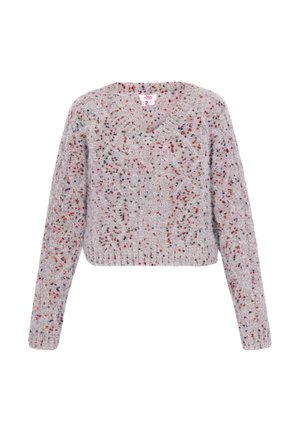 Sivi pleteni pulover s V-izrezom, skraćenog dizajna, s višebojnim mrljama po cijeloj površini. Teksturirana tkanina i rebrasti rukavi.