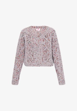 Maglione grigio lavorato a maglia con scollo a V, design cropped, caratterizzato da una fantasia di bottoni multicolori. Tessuto testurizzato e polsini a costine.