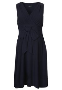 Abito senza maniche blu navy con scollatura a V e corpetto arricciato. Presenta un dettaglio di nodo frontale e una silhouette svasata fluente. Tessuto dalla texture morbida.