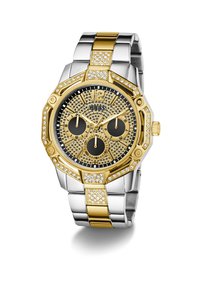 Guld- og sølvfarvet rustfrit stålarmbåndsur med octagonal urkasse, sort urskive, tre subdials og krystalaccenter på bezel og armbånd.