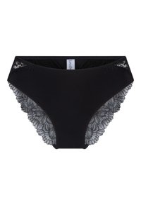 Schwarze Stoff-Panties mit floraler Spitzenverzierung an den Rändern, mit weicher Textur und mittelhohem Bund. Enthält ein Markenlabel innen.