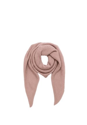 Soft pink knitted scarf with a waffle texture, arranged in a loose spiral with two pointed ends hanging down.