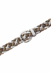 Geweven riem in bruin en wit leer met een metalen zilverkleurige ronde gesp en accent. Heeft een gevlochten ontwerp voor een gestructureerde uitstraling.