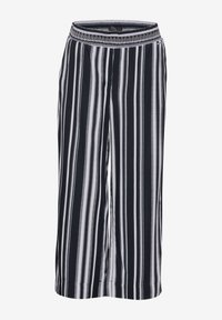 Svart och vit vertikalt randig midi-lång kjol med elastisk midja och detaljerad mönsterkant högst upp. Mjuk tygtextur.