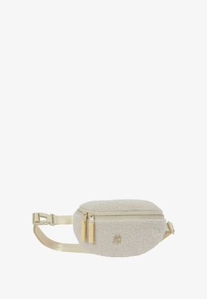 Marsupio in simil-pelliccia color crema con cerniera beige, dettagli con logo e tracolla liscia. Forma arrotondata, texture morbida e design compatto.