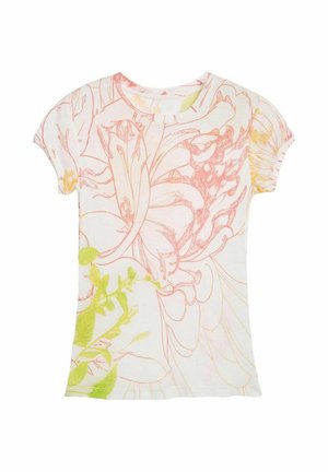 T-shirt blanc à manches courtes avec un grand imprimé floral abstrait en lignes et formes roses et vertes.