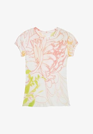 T-shirt blanc à manches courtes avec un grand imprimé floral abstrait en lignes et formes roses et vertes.