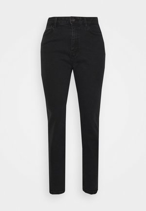 Zwarte skinny jeans met hoge taille, een knoop- en ritssluiting aan de voorkant, riemlussen en klassiek ontwerp met vijf zakken.