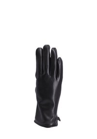 Guanto in pelle nera con una texture liscia, design aderente, cinque dita separate e un polsino leggermente allungato.