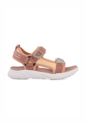 Sandal rose et beige avec un dessus en maille, des sangles réglables et une semelle en caoutchouc blanche. Comprend un logo sur la sangle et une semelle rembourrée.