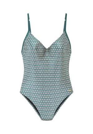 Costume intero con motivo orizzontale a maglie di catena turchese e bianco, coppe sagomate, spalline regolabili e piccolo logo dorato sull'anca.