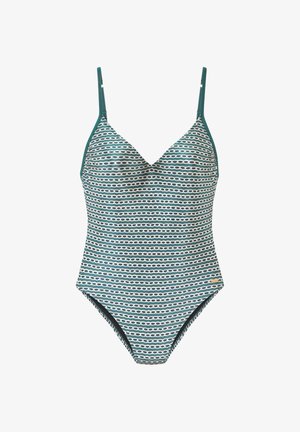 Bañador de una pieza con patrón de eslabones horizontales en color verde azulado y blanco, copas moldeadas, tirantes ajustables y un pequeño logo dorado en la cadera.