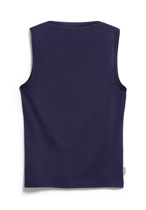 Marineblaues ärmelloses Tanktop flach liegend, zeigt die schlichte Rückseite mit einem kleinen weißen Markenschild an der unteren rechten Naht.