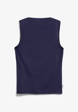 Marineblaues ärmelloses Tanktop flach liegend, zeigt die schlichte Rückseite mit einem kleinen weißen Markenschild an der unteren rechten Naht.