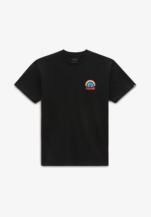 T-shirt Vans noir à manches courtes avec un petit motif coloré d'une terre verte sous un arc-en-ciel et le mot Vans en rouge sur la poitrine gauche.