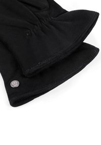 Black suede gloves with stitched detailing and a small round metal button on one cuff, displayed on a white background.