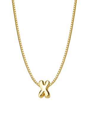 Zelta ķēdes kaklarota ar spīdīgu, stilizētu "X" piekari. Ķēde ir ar elegantu, kvadrāta saites dizainu un gludu apdari.