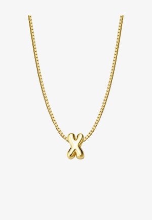 Zlata verižica z obeskom v oblikovanju stilizirane črke "X". Verižica ima eleganten dizajn kvadratnih členov z gladko površino.