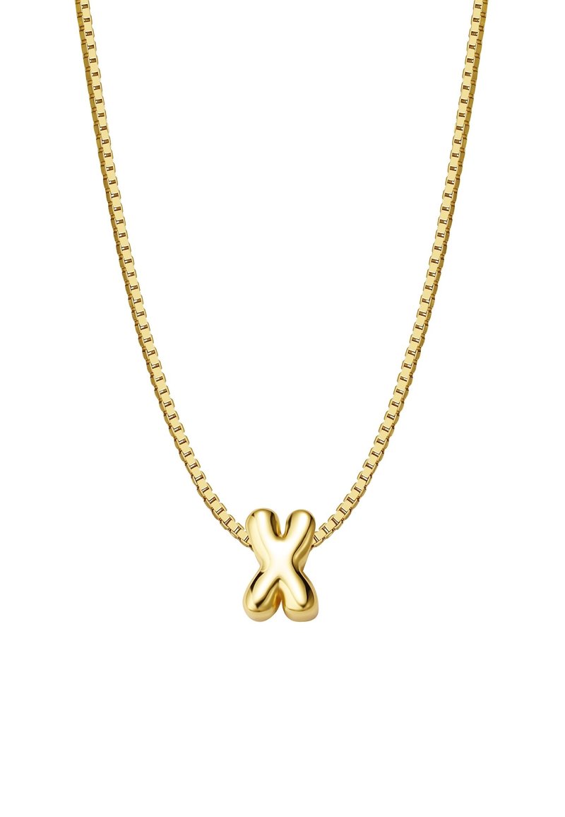 Zelta ķēdes kaklarota ar spīdīgu, stilizētu "X" piekari. Ķēde ir ar elegantu, kvadrāta saites dizainu un gludu apdari.