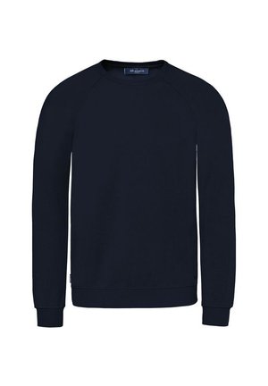Navy blue crew neck sweatshirt with long raglan sleeves, ribbed cuffs and hem, made of soft, textured cotton material.