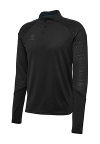 Zwart sportief longsleeve top met een kwart-rits kraag, textuurelementen op de mouwen en een merklogo op de borst. Zacht, vochtafvoerend materiaal.