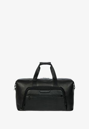 Sac de voyage en cuir noir avec une finition texturée, double poignée et une poche avant zippée pour un rangement sécurisé. Forme simple et incurvée.