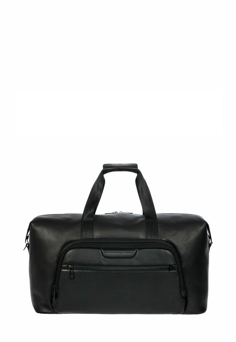 Sac de voyage en cuir noir avec une finition texturée, double poignée et une poche avant zippée pour un rangement sécurisé. Forme simple et incurvée.