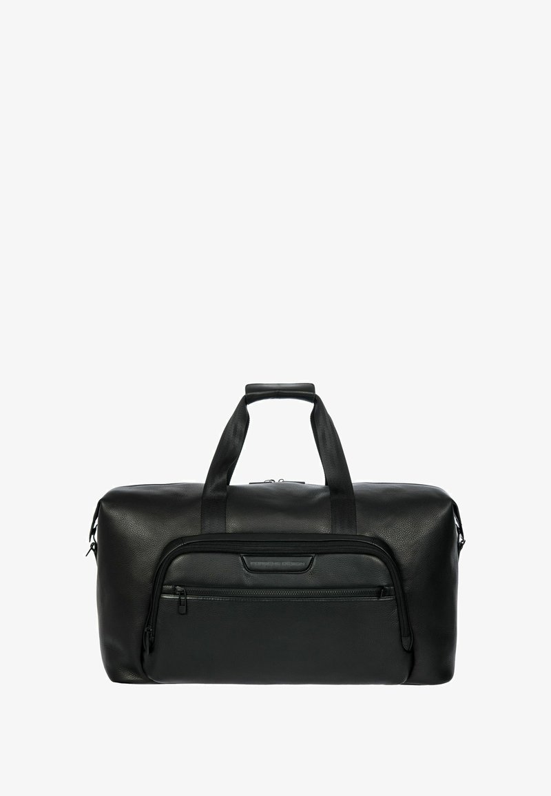 Sac de voyage en cuir noir avec une finition texturée, double poignée et une poche avant zippée pour un rangement sécurisé. Forme simple et incurvée.