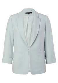 Ljusblå kavaj i slätt tyg, med en enkel dragkedja, trekvartsärmar, slagkragar och sidofickor.