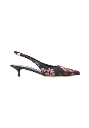 Chaussure slingback noire à talon kitten avec bout pointu et broderie florale multicolore sur la tige en tissu.
