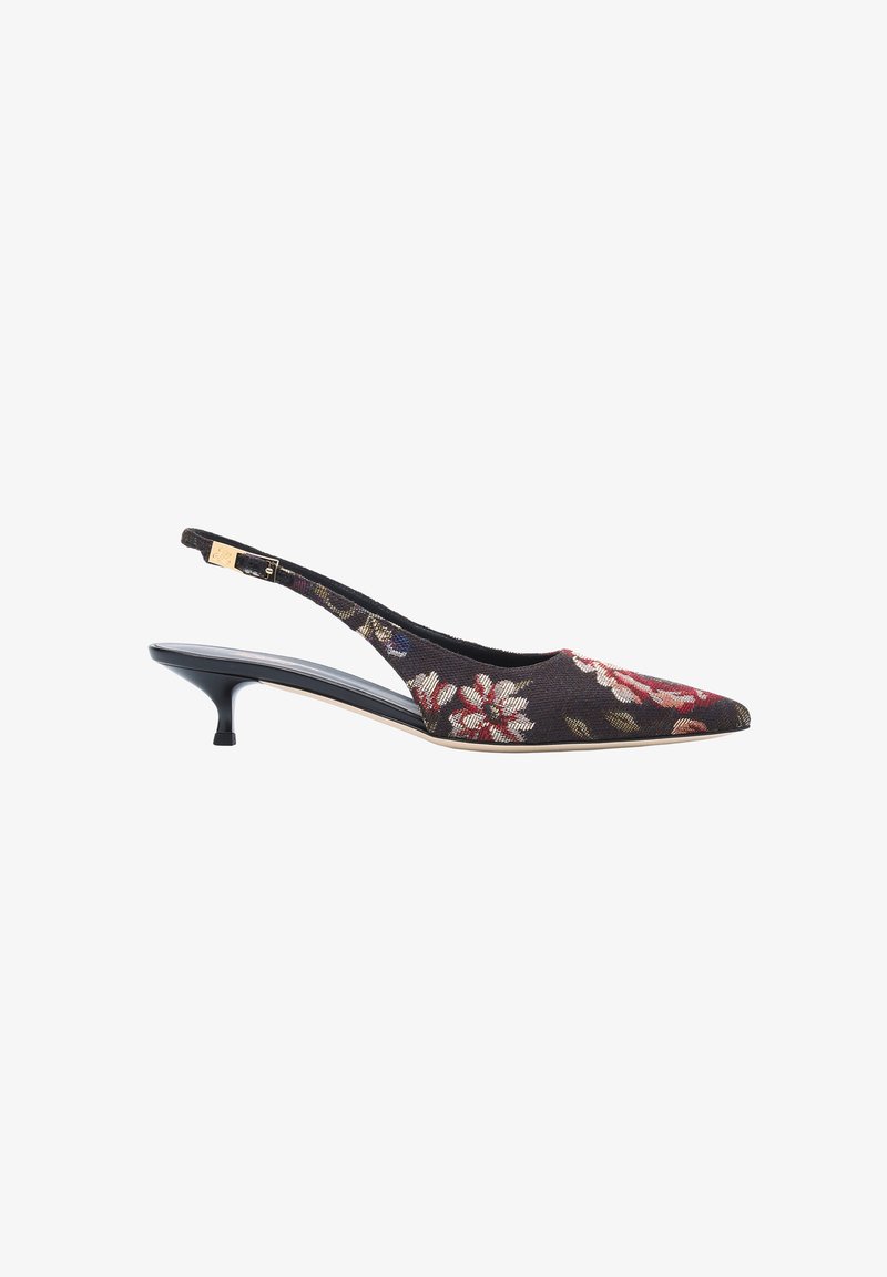 Chaussure slingback noire à talon kitten avec bout pointu et broderie florale multicolore sur la tige en tissu.