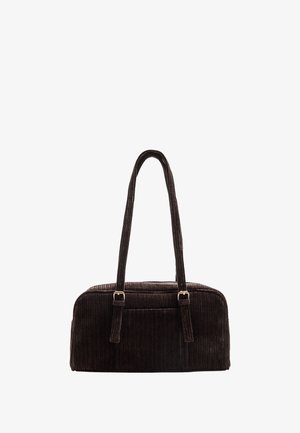 Hnědá kordurová kabelka se dvěma držadly, obdélníkový tvar, zipové uzavírání a přední kapsa. Texturovaný povrch s vertikálním žebrováním.