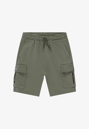 Olijfgroene korte broek gemaakt van een katoenmix, met een elastische tailleband met trekkoord en meerdere cargozakken aan de zijkant.