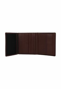 Portafoglio in pelle marrone con una texture liscia, dotato di più scomparti per carte, una finestra per l'ID e un compartimento per contante. Il design esterno è minimalista.