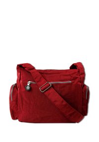 Rote Stoff-Crossbody-Tasche mit verstellbarem Schulterriemen, ausgestattet mit einer vorderen Reißverschlusstasche, seitlichen Taschen und einer strukturierten Oberfläche. Mit Reißverschluss verschlossen.