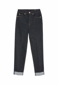 Jeans de mezclilla azul oscuro con un diseño de pierna recta, costuras doradas, dos bolsillos delanteros y puños con un acento de mezclilla más clara.
