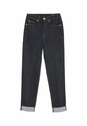 Jean en denim bleu foncé avec une coupe droite, des coutures dorées, deux poches avant et des ourlets avec une accentuation en denim plus clair.