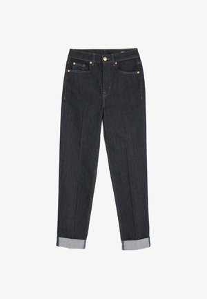 Jean en denim bleu foncé avec une coupe droite, des coutures dorées, deux poches avant et des ourlets avec une accentuation en denim plus clair.