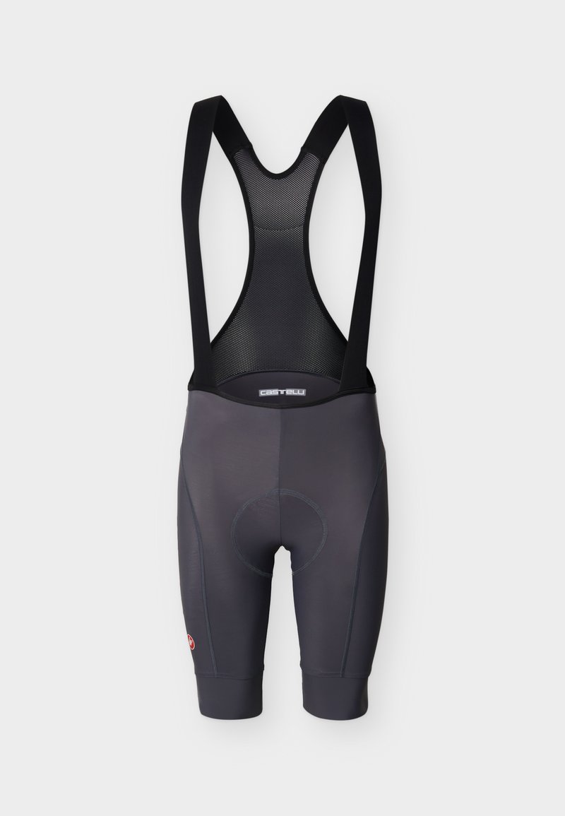 Sorte og grå cykelbibtights med netpanel på ryggen, polstret sædeområde og logo på den nederste del af benet.