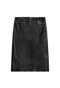 Schwarzer Lederrock mit einer eleganten, glatten Textur, ausgestattet mit zwei Vordertaschen und einem geraden, knielangen Schnitt.