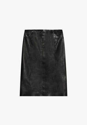 Black leather skirt with a sleek, smooth texture, featuring two front pockets and a straight, knee-length cut.
