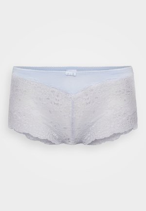 Lace hipster briefs in light blue, featuring floral patterns, scalloped edges, and a satin ribbon accent at the waistband. Soft lace material.