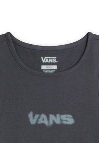 Dark gray T-shirt with a round neckline, 90% cotton and 10% elastane. Features a subtle, faded "VANS" logo printed on the front. Size: Small.