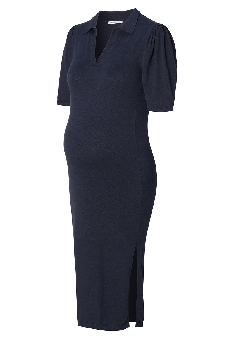 Granatowa sukienka ciążowa z kołnierzykiem, krótkimi bufkami, dopasowanym gorsetem i bocznymi rozporkami dla swobody ruchów.