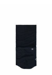 Gaiter de cuello de tela negra con una sección superior suave y una sección inferior texturizada, con un logo y acentos reflectantes en el lateral.